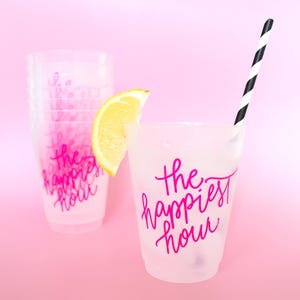 The Happiest Hour Party Cup in Pink | Set of 8 16oz Frosted Shatterproof | Hostess Gift, Happy Hour Club, Bar Cart, Girls Trip, Bachelorette