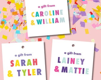 Benutzerdefinierte Mädchen Name ""Geschenk von"" Geschenkanhänger | 7,5 cm Platz Geschenkanhänger, Kinder Geschenkanhänger, Mädchen Name Geschenkanhänger, Spaß Geburtstag Anhänger, bunter Geschenkanhänger