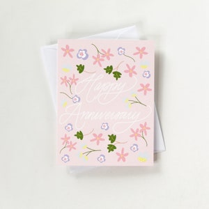 Tarjeta floral de feliz aniversario con sobre / Interior en blanco / Tarjeta floral rosa para aniversario, boda, compromiso, despedida de soltera, nota de amor
