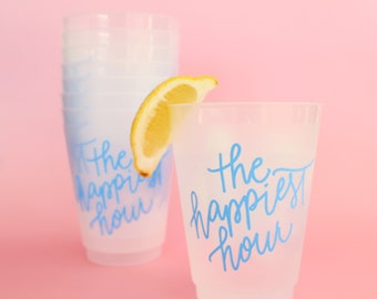 The Happiest Hour Party Cup | Set of 8 16oz Frosted Shatterproof Cup | Hostess Gift, Happy Hour Club, Bar Cart, Girls Trip, Bachelorette