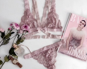 Pale pink harness lace lingerie set - soft bra, handmade lingerie