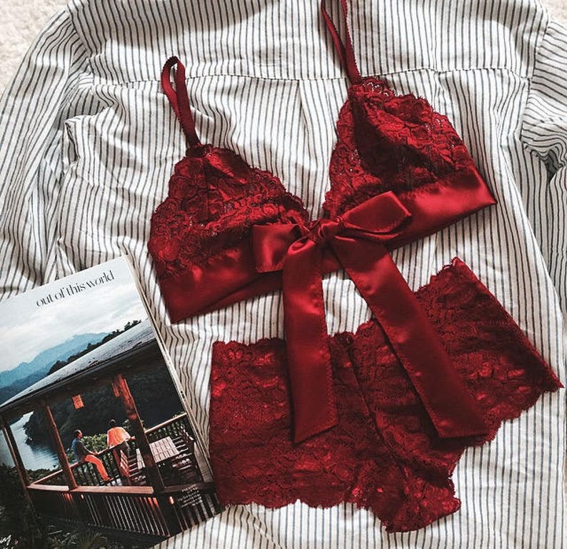 Day Dream red lace lingerie set - soft bra and French style panties, handmade lingerie 