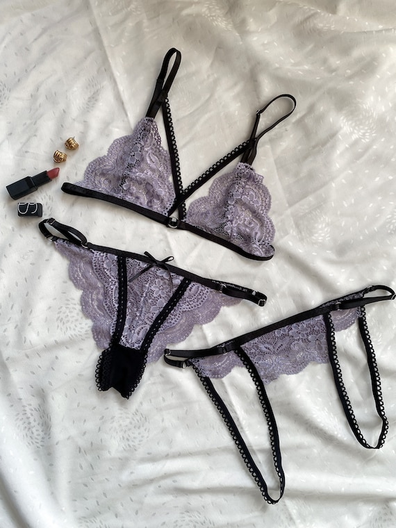 Violet Lace Lingerie Set and Ouvert Panties Handmade Lingerie, Soft Cup Bra,  Crotchless Panties, Triangle Bra 