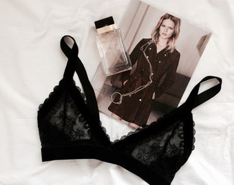 Black lace and velvet bralette - soft bra, handmade lingerie