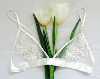 Delicate white satin applique bralette - soft bra, handmade lingerie