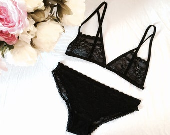 Passion black lingerie set - soft bra and panties, handmade lingerie