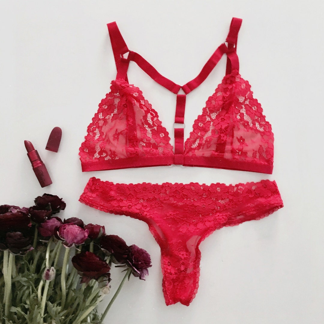 Playful Red Lace Strap Lingerie Set Soft Bra Handmade - Etsy