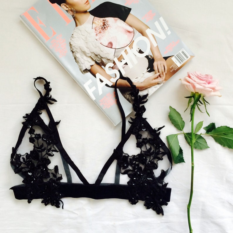 Applique triangle lace bralette - soft bra, handmade lingerie 