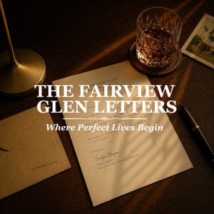 Puede incluir: Imagen fija con un vaso de líquido ámbar, un bolígrafo y una carta con el texto "THE FAIRVIEW GLEN LETTERS Where Perfect Lives Begin." También se ven un sobre y un posavasos.