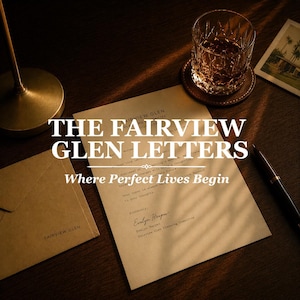 Puede incluir: Una imagen de naturaleza muerta con un vaso de líquido ámbar, un posavasos y un bolígrafo sobre una superficie de madera. Se muestra el texto "THE FAIRVIEW GLEN LETTERS" y "Where Perfect Lives Begin". También hay un sobre y una fotografía.