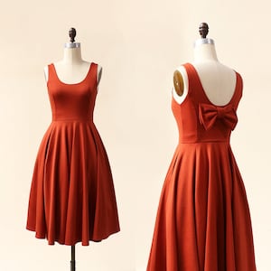 CORA | burnt orange bridesmaid dress with bow. 1960s mod retro vintage style short rust copper party dress with pockets. midi dress .