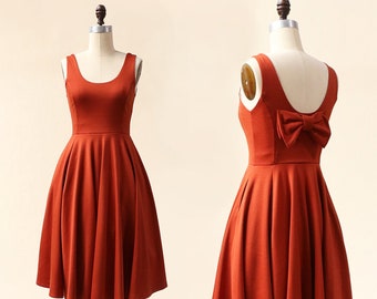 CORA | burnt orange bridesmaid dress with bow. 1960s mod retro vintage style short rust copper party dress with pockets. midi dress .