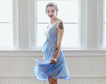 EMMA | Sky blue bridesmaid dress with pockets + back bow. Cinderella blue party dress w knee length skirt. Alice blue circle skirt pinafore