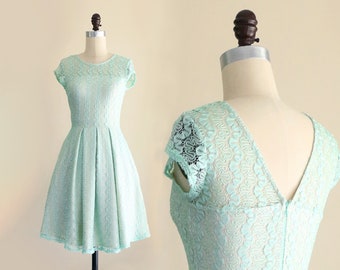 GOSSAMER | light green lace bridesmaid dress. vintage style mint green dress with pockets. modest lace cocktail party dress with sleeves