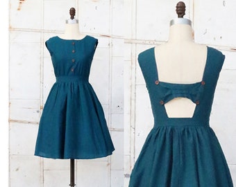 MEADOW | vintage style teal cotton sundress with pockets. open back bow dress. Mod retro 1950s inspired summer dress. dark blue party dress