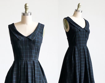 SUNDAY | Black - little black checker print dress with collar and pockets. vintage inspired pin up mod retro day dress w full pleated skirt