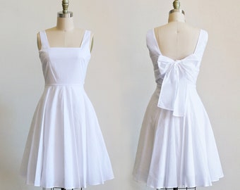 EMMA  - white cotton elopement dress with bow. short white casual wedding dress. vintage inspired reception bridal shower dress