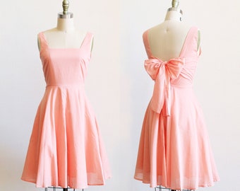 EMMA  - peach cotton sundress with bow. light peach summer vintage style dress. short peach bridesmaid dress w bow, circle skirt + pockets