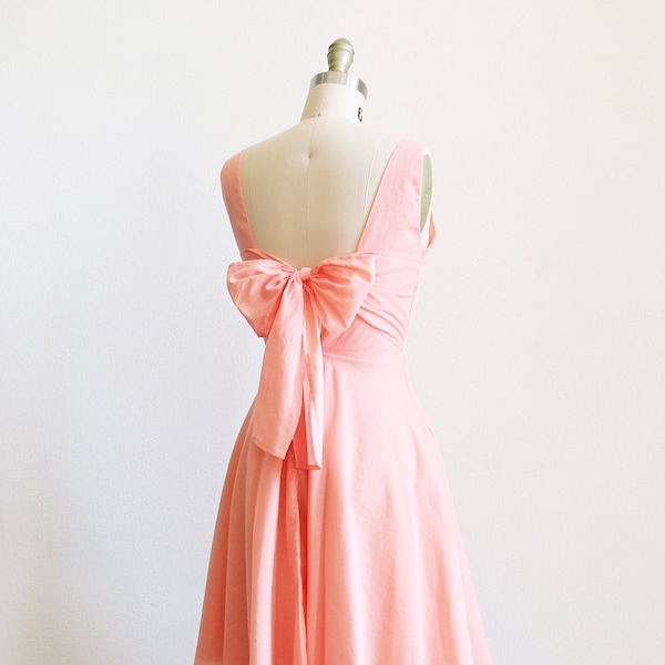 EMMA |  short light coral bridesmaid dress with bow. light peach cotton dress.  summer peach party dress with pockets. vintage modern dress.