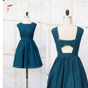 MEADOW vintage style teal cotton sundress with pockets. open back bow dress. Mod retro 1950s inspired summer dress. dark blue party dress image 1