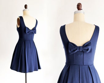 JANUARY | retro vintage inspired short navy blue party dress with bow. navy blue bridesmaid dress with pockets and bow