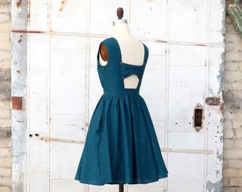 MEADOW | Teal - 100% cotton vintage inspired dress with full gathered knee length skirt. Modest cap sleeves + back bow cut out + pockets