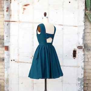 MEADOW vintage style teal cotton sundress with pockets. open back bow dress. Mod retro 1950s inspired summer dress. dark blue party dress image 2