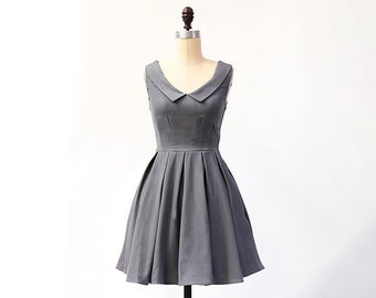 SONNTAG | Holzkohle - Holzkohle grau spitze Kragen Kleid. Vintage inspiriert. Brautjungfer Kleid. v Hals. plissierten Rock. Taschen. Mod. Retro.