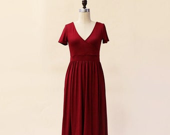 MARA Burgundy - dark berry red draped jersey midi bridesmaid dress with short sleeves. reversible.  full gathered skirt with pockets