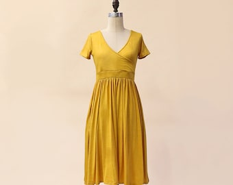 MARA Mustard - mustard yellow draped jersey midi skirt modest bridesmaid dress with short sleeves. reversible dress with pockets