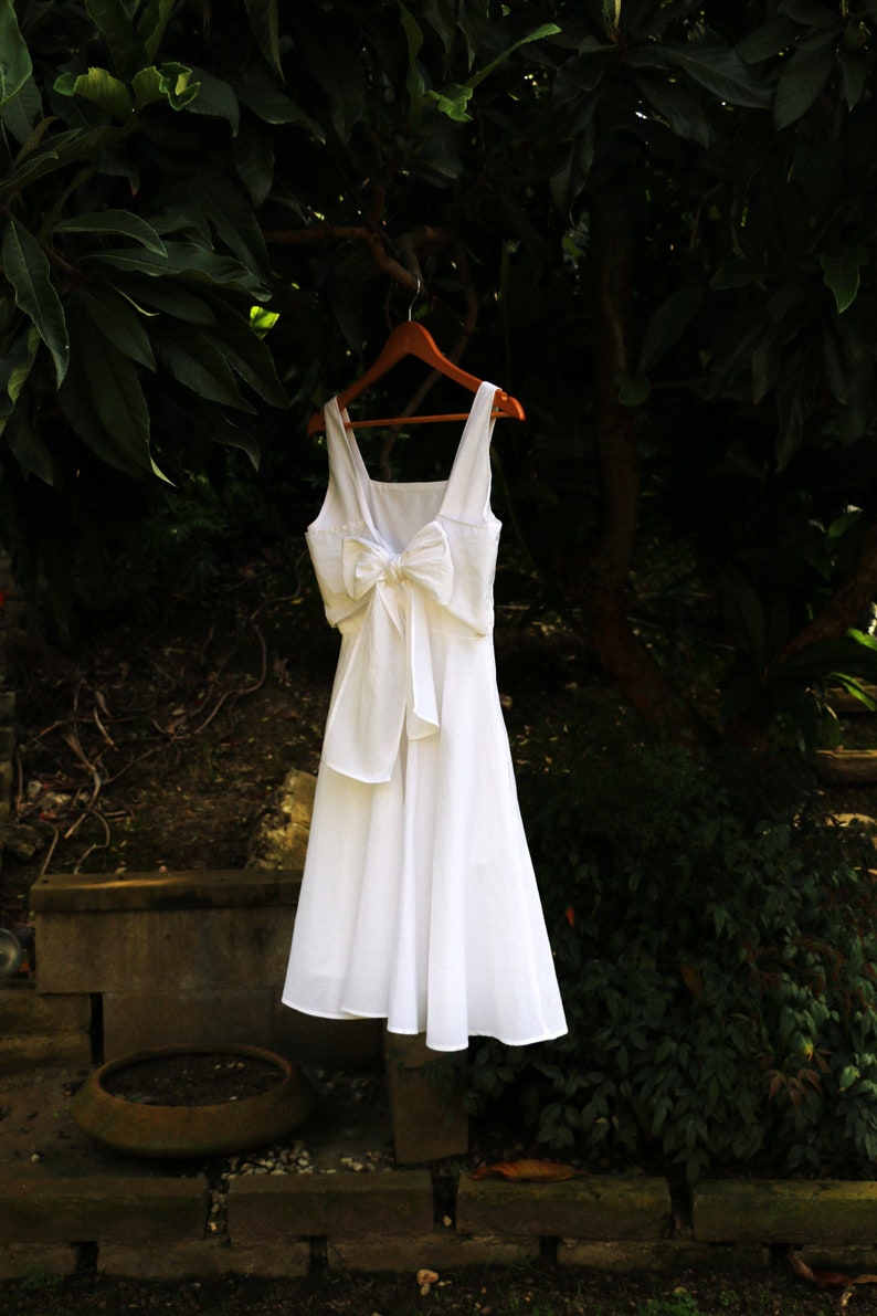 EMMA white cotton elopement dress with bow. short white casual wedding dress. vintage inspired reception bridal shower dress image 2