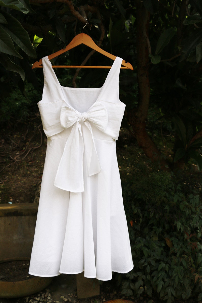 EMMA white cotton elopement dress with bow. short white casual wedding dress. vintage inspired reception bridal shower dress image 3