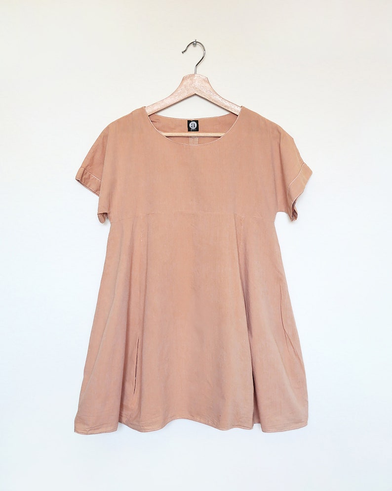 WEEKEND Dress loose wide fit cotton linen dress in light peach nude. Trapeze flowy shift dress with pockets image 1