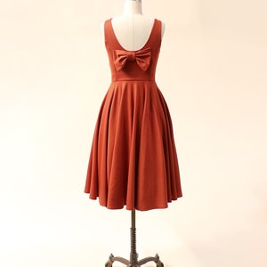 CORA burnt orange bridesmaid dress with bow. 1960s mod retro vintage style short rust copper party dress with pockets. midi dress . image 5