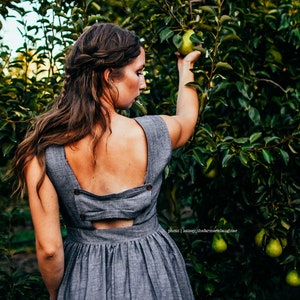 MEADOW | Ash - Charcoal gray bridesmaid dress with full gathered knee length skirt. cap sleeves + back bow panel + pockets