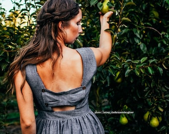 MEADOW | Ash - Charcoal gray bridesmaid dress with full gathered knee length skirt. cap sleeves + back bow panel + pockets