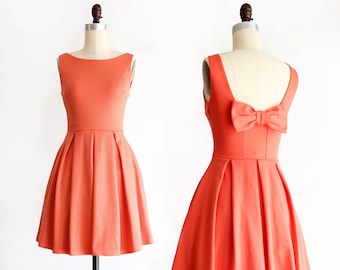 JANUAR | Koralle Brautjungfer Kleid mit Schleife + Taschen. 1960er Jahre mod retro Vintage-Stil licht Mohn orange Partykleid. prom Homecoming