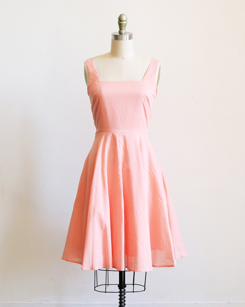 EMMA short light coral bridesmaid dress with bow. light peach cotton dress. summer peach party dress with pockets. vintage modern dress. image 3