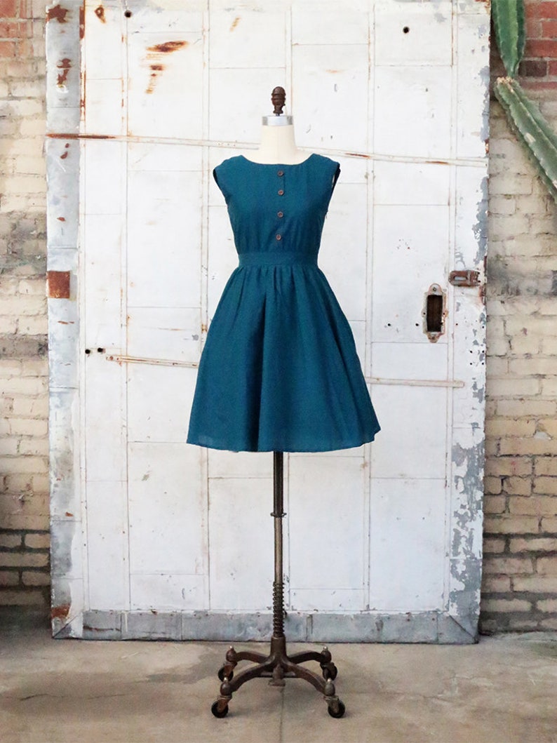 MEADOW vintage style teal cotton sundress with pockets. open back bow dress. Mod retro 1950s inspired summer dress. dark blue party dress image 3