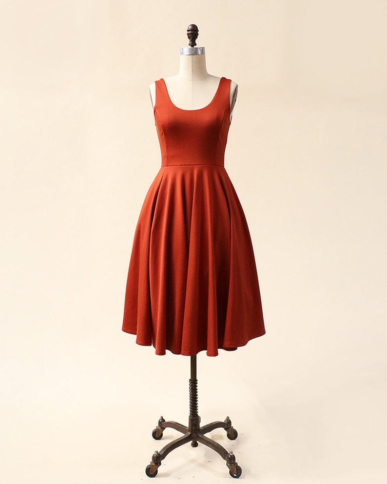 CORA burnt orange bridesmaid dress with bow. 1960s mod retro vintage style short rust copper party dress with pockets. midi dress . image 3