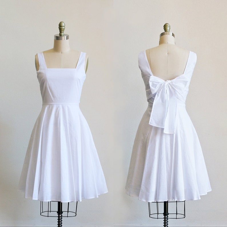 EMMA white cotton elopement dress with bow. short white casual wedding dress. vintage inspired reception bridal shower dress image 1