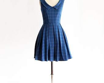 SUNDAY | Windowpane Blue - royal indigo blue plaid dress with collar and pockets. vintage inspired retro mod day dress full pleated skirt
