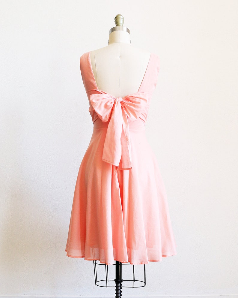 EMMA short light coral bridesmaid dress with bow. light peach cotton dress. summer peach party dress with pockets. vintage modern dress. image 5