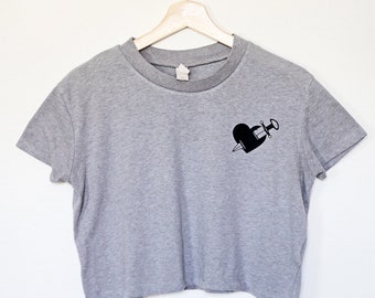 Gray Broken Heart Tee - Super soft vintage washed gray cotton crop tee with loose wide box fit. black knife heart cropped break up tee