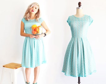 GOSSAMER | vintage modern dress. aqua dress. short aqua bridesmaid dress. aqua lace party dress with short sleeves