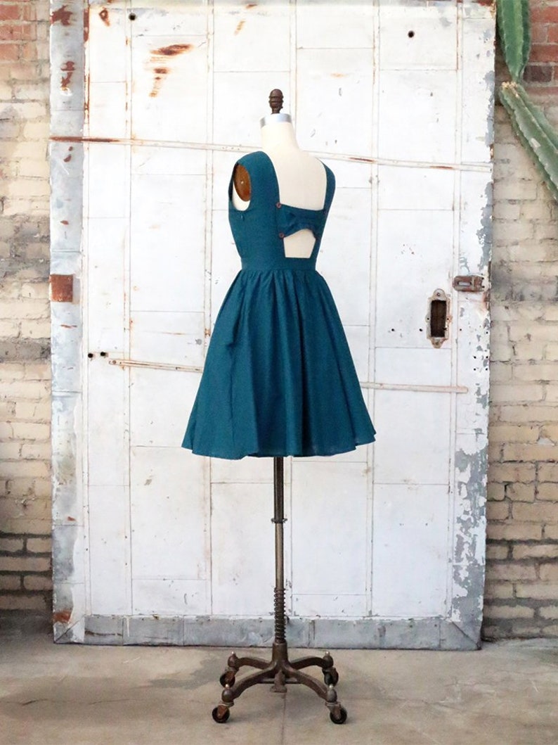 MEADOW vintage style teal cotton sundress with pockets. open back bow dress. Mod retro 1950s inspired summer dress. dark blue party dress image 2