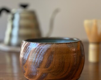 Handmade Soda Fired Tea Bowl: Orange, Maroon and Blue Ceramic Matcha Cup