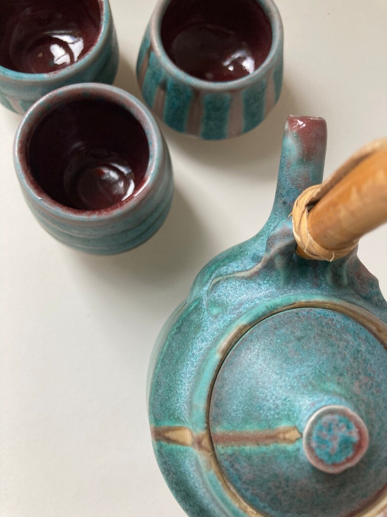 Handmade Teapot and Cup Set in Porcelain With Bamboo Handle, Soda Fired