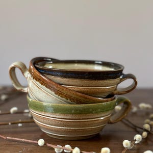 Handmade Ceramic Soup Mug, beige bowl with handle and green rim, wheel thrown and altered stoneware pottery, rustic housewares, great gift!