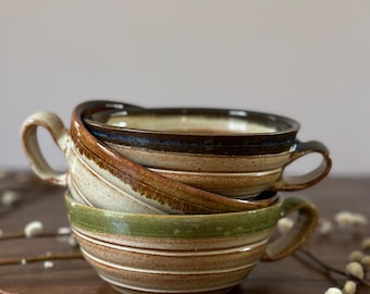 Stoneware Soup Mug: Handmade Beige Bowl with Green Rim